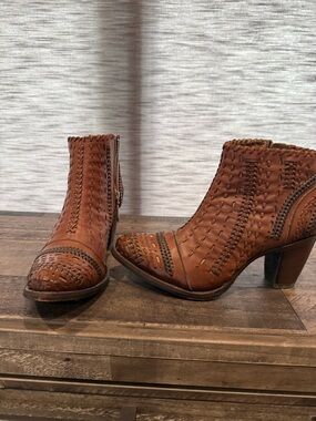 Woven Detail Leather Ankle Booties - Cognac Brown